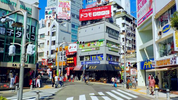 gyalogos,emberek,épület,Osaka,Japán,városi