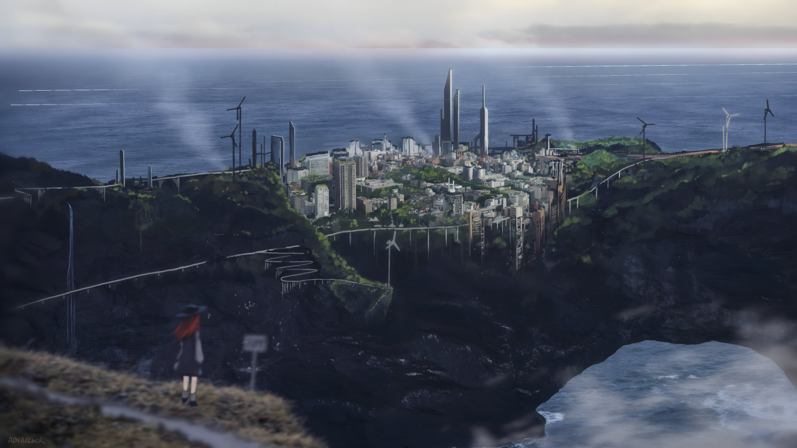 Advarcher, digital art, artwork, sea, skyscraper, wind turbine, cliff, cityscape