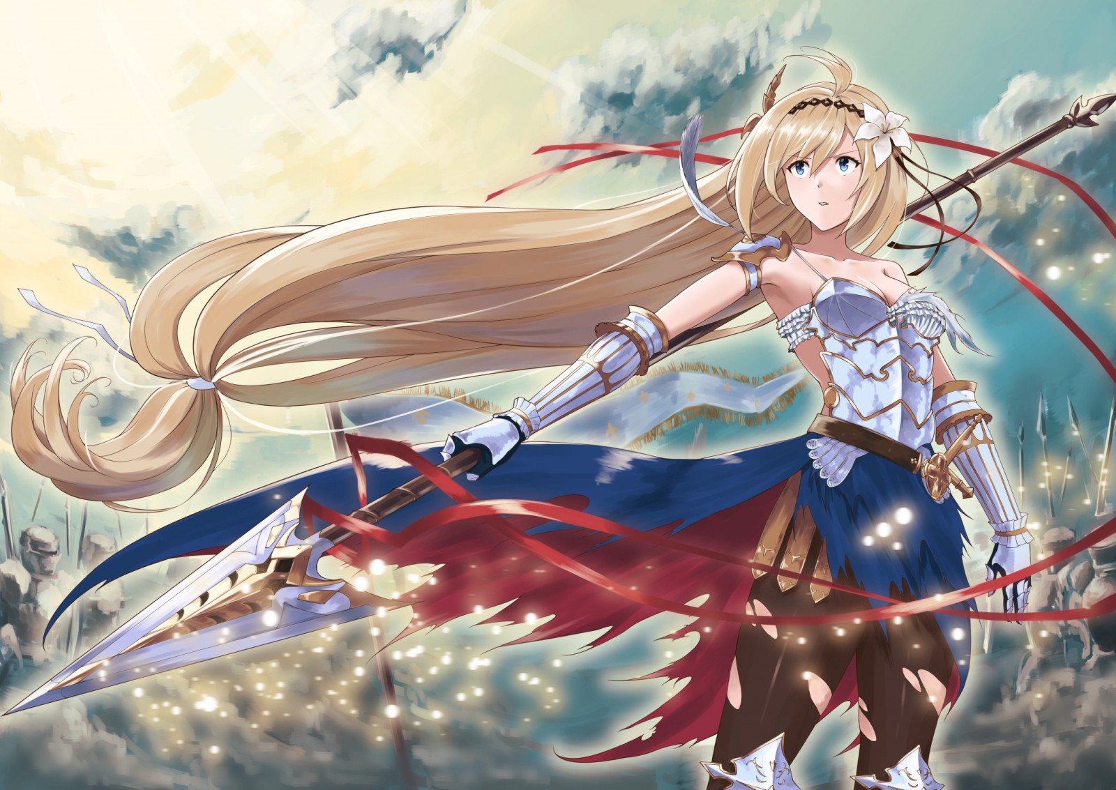 Granblue fantasy, Jeanne D arc Granblue Fantasy, brnění, výstřih, punčocháče, roztrhané oblečení, zbraň, anime, anime dívky, dlouhé vlasy, kopí, rytíř, armáda, modré oči, nebe, mraky, peří, rukavice, prach, vlajka, Roztrhané punčocháče, sluneční paprsky