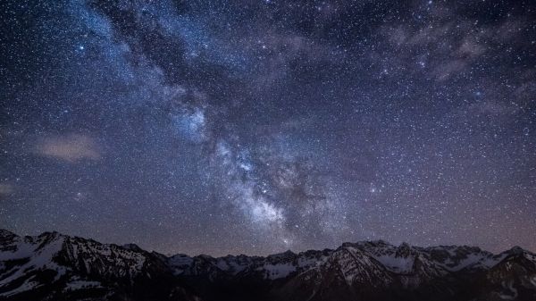 景观,山,晚,星系,天空,雪