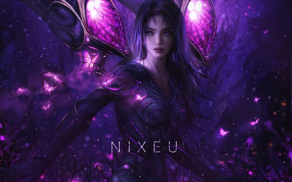 Nixeu,drawing,women,dark hair,purple eyes,butterfly