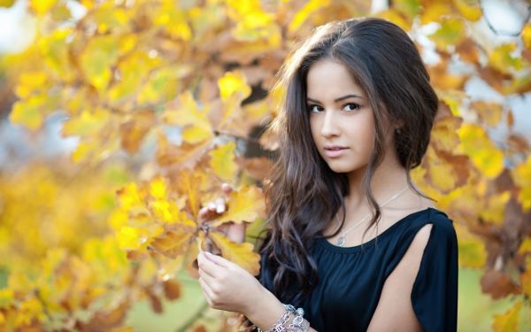 face, trees, women outdoors, sunlight, fall, leaves