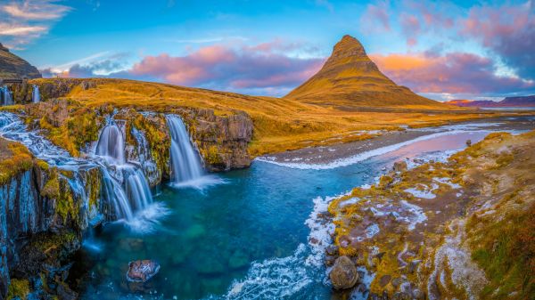 natuur,landschap,waterval,rivier-,bergen,IJsland