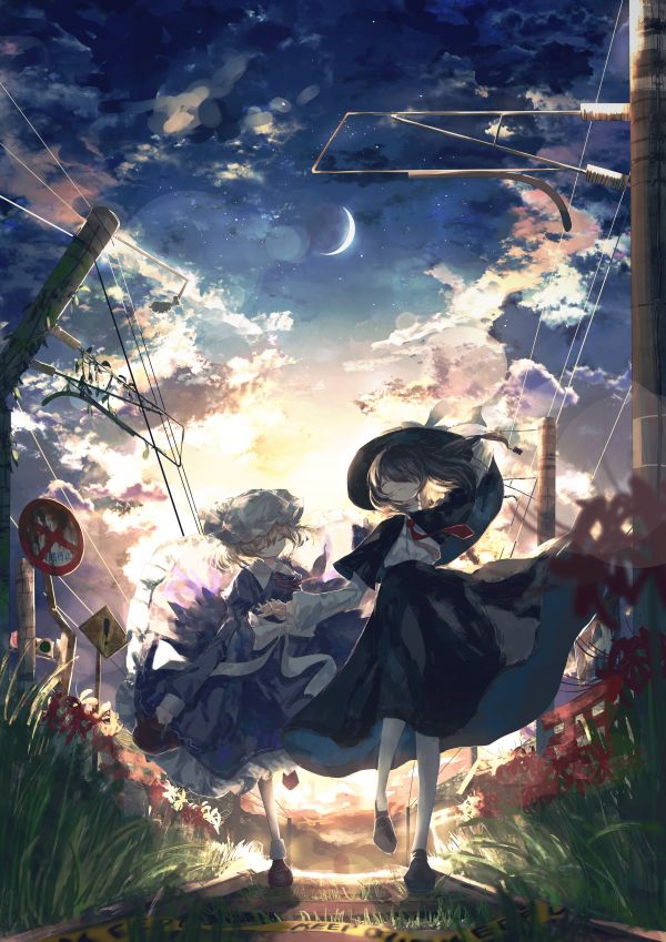 Agasa artist,Touhou,anime lányok,two women,portré kijelző,este