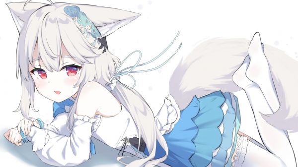 gadis anime, fox gadis, Fox ears, rubah ekor, stoking, tergeletak di depan