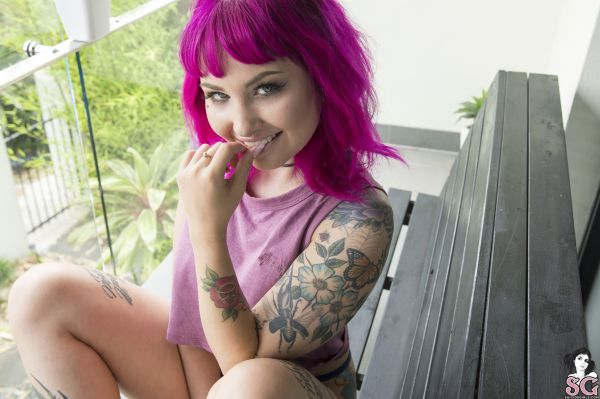 women,Suicide Girls,tattoo,balcony,bench,pink hair