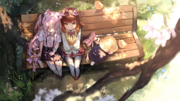 หูสัตว์,กำลังมองหาผู้ชม,Azur Lane,เด็ก ๆ,flower crown,on bench