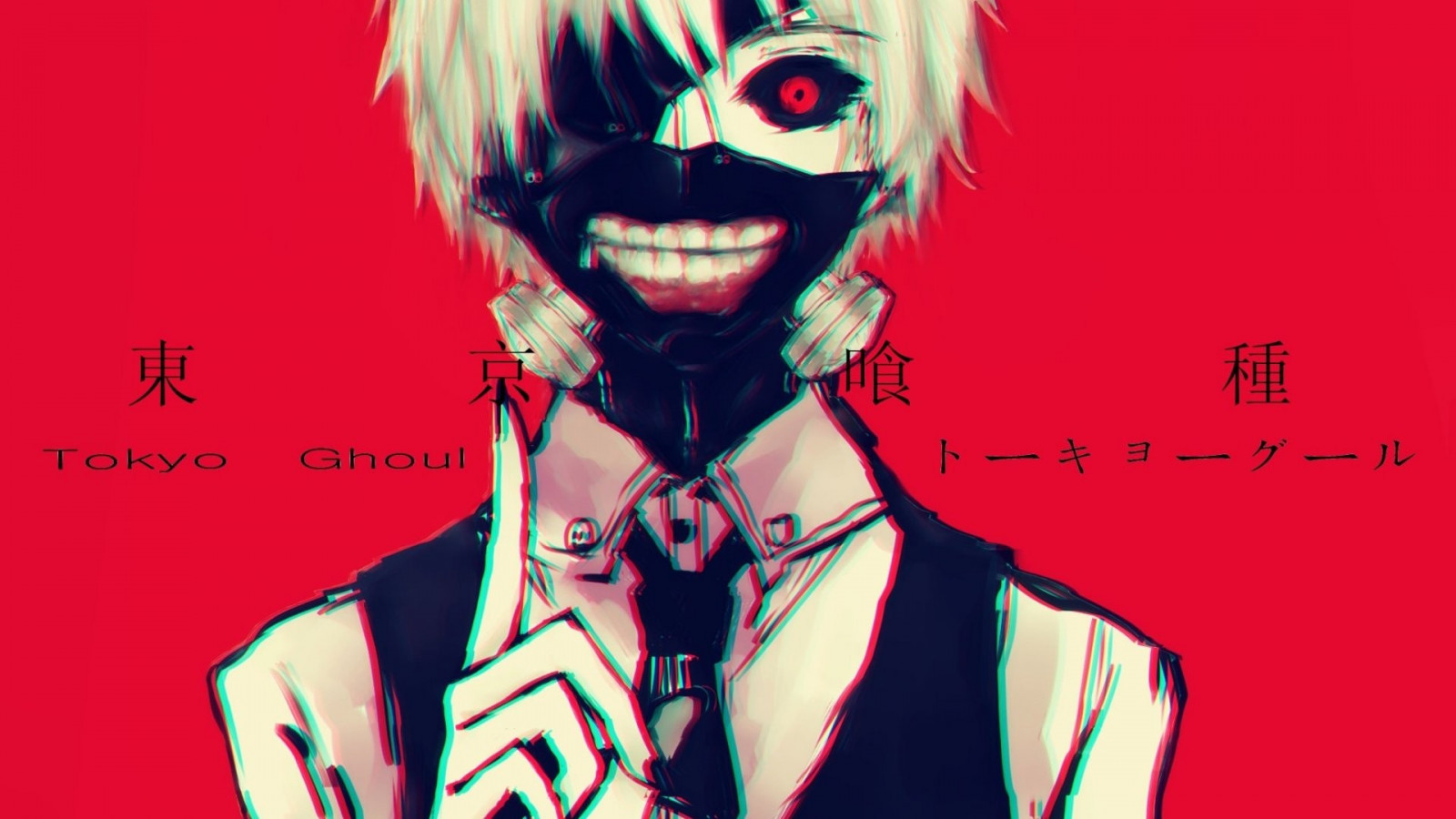 illustration, white hair, anime, anime boys, red background, cartoon, Kaneki Ken, Tokyo Ghoul, Tokyo Ghoul re, poster, chromatic aberration, album cover