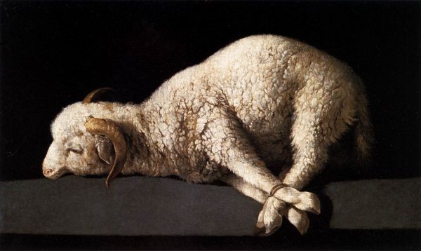 painting,animals,artwork,sculpture,sheep,tied down