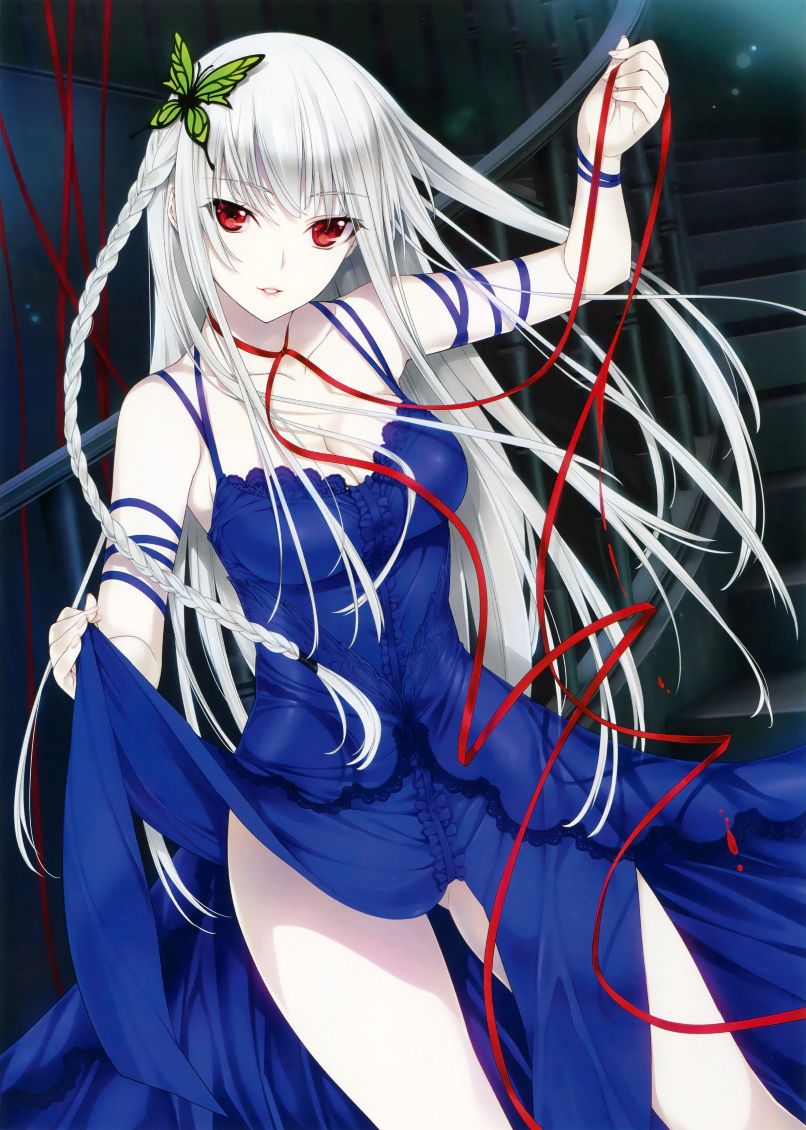 long hair, white hair, anime, anime girls, dress, cleavage, red eyes, clothing, costume, mangaka