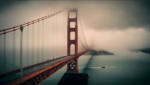 ai art, mlha, mraky, voda, Golden Gate Bridge, most