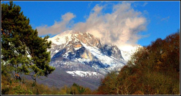 Árvores, montanhas, nuvens, madeira, neve, França