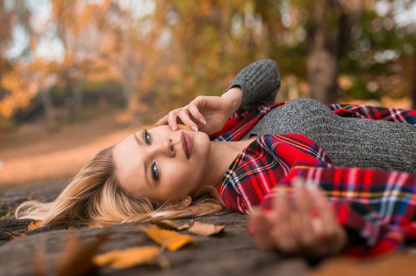 妇女,模型,金发女郎,景深,plaid shirt,毛衣