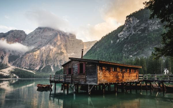 木,風景,山々,ボート,イタリア,湖