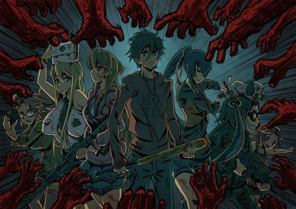 illustration,Highschool of the Dead,Miyamoto Rei,Komuro Takashi,Busujima Saeko,serier