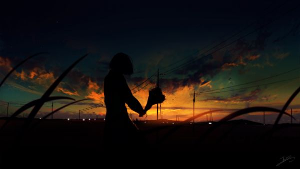 obra de arte,Pixiv,panorama,crepúsculo,Pôr do sol,Menina de fantasia