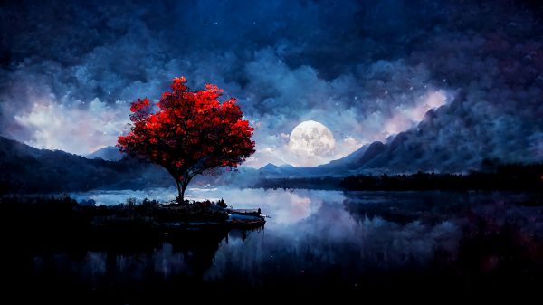 Red trees,nacht,volle maan,landschap,matte schilderij,ArtStation