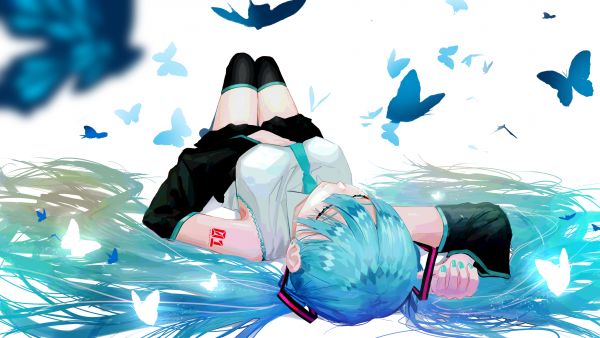 Vocaloid,Hatsune Miku,Anime cô gái,nằm xuống,Nằm trên lưng,cyan hair