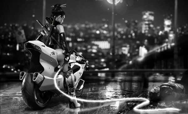 cyberpunk,motorfiets,Aziatisch,Science fiction,futuristische,fantasy art