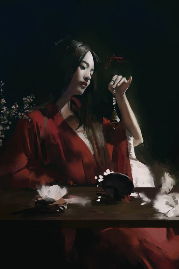 ženy,japonské oblečení,Japonské ženy,ArtStation,fan art,stůl