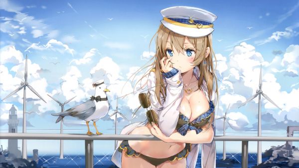 anime, anime girls, cleavage, blue, original characters, seagulls