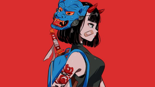 Caçador de Demônios,Meninas anime,Arte Japonesa,girl with sword,minimalismo