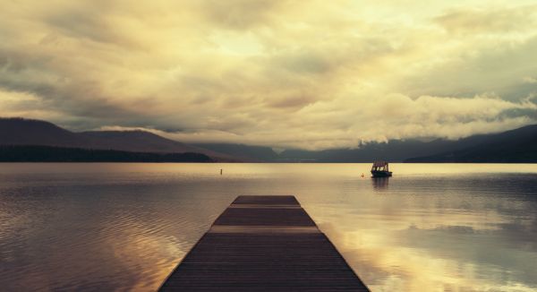 paysage, bateau, le coucher du soleil, mer, Lac, lumière du soleil