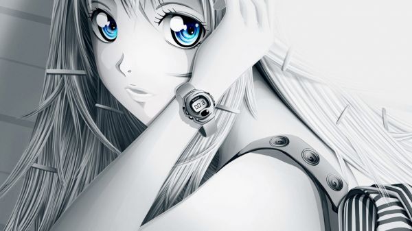 anime,anime girls,white background,blue eyes,wristwatch,white hair