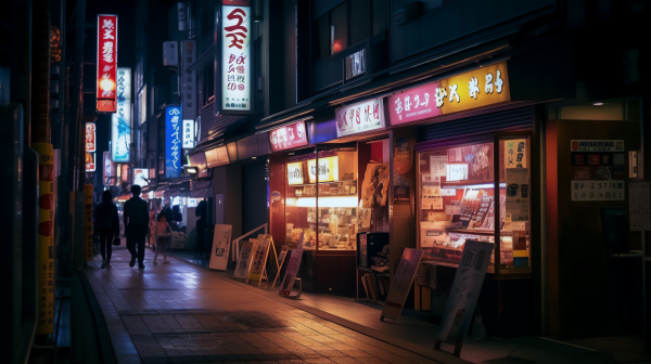 ai art,città,Tokyo,notte,vicoletto,store front