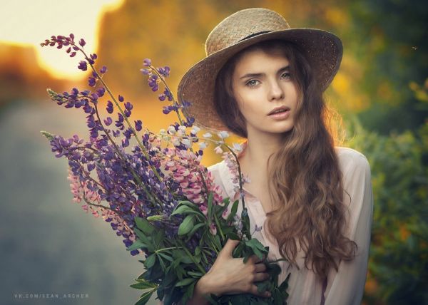 vrouw, model-, portret, scherptediepte, women outdoors, bloemen