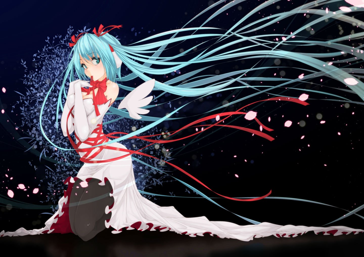 1440x1018 px, agua, Navidad, vestir, Ojos, cabello, Sombrilla, largo, Maru, Miku, pantys, Bolígrafo, Pétalos, Cintas, Dos cuentos, Vocaloid