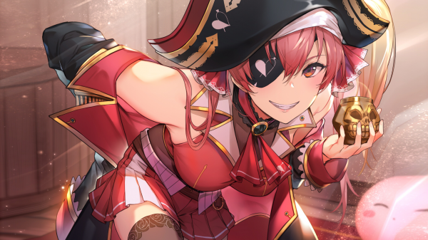 gadis anime,cangkir,Virtual Youtuber,Houshou Marine,Pirate hat,mata merah