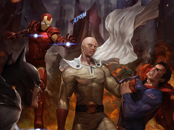 Saitama One Punch Man,Jern mann,Superman,Batman,anime,anime gutter