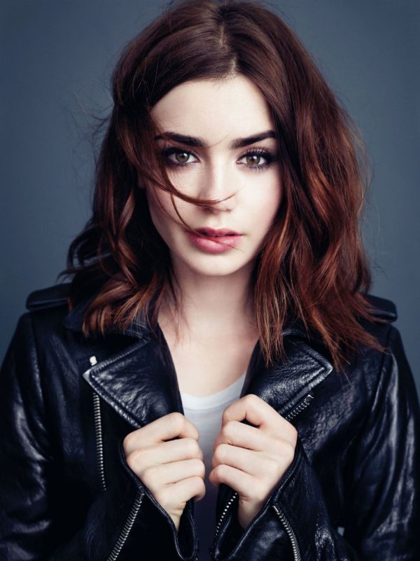 Lily Collins,nők,színésznő,barna,modell,black leather jacket