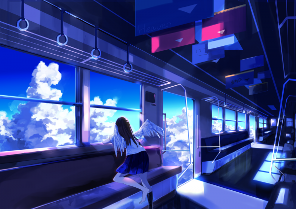 des nuages,Anime,ange,les autobus,Filles anime,blue light