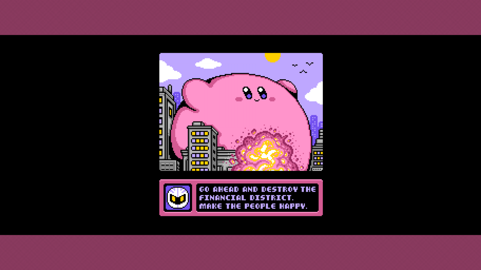 Kirby, Meta Knight, Godzilla, videospill, crossover, Video Games Crossover, retro spill, rosa, enkel bakgrunn, bygning, by, eksplosjon, memes, komedie, fugler, pixel art, pixelated, skyer, tekst, skyline