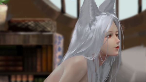 animal ears,long hair,CG,fox girl,Fox ears,silver hair