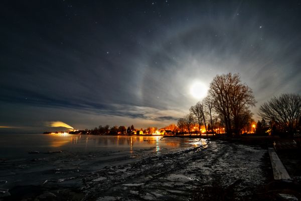 landscape, sunset, lake, trees, lights, night