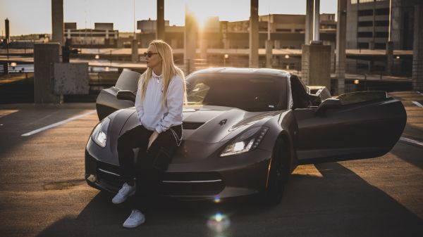 Chevrolet Corvette C7,voiture,femmes,Femmes avec des voitures,Corvette,lumière du soleil