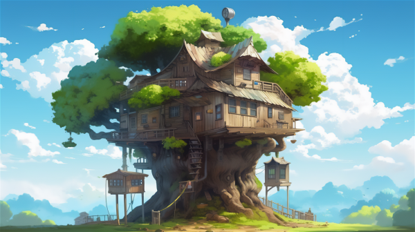 rumah pohon,ai art,ilustrasi,anime,Studio Ghibli