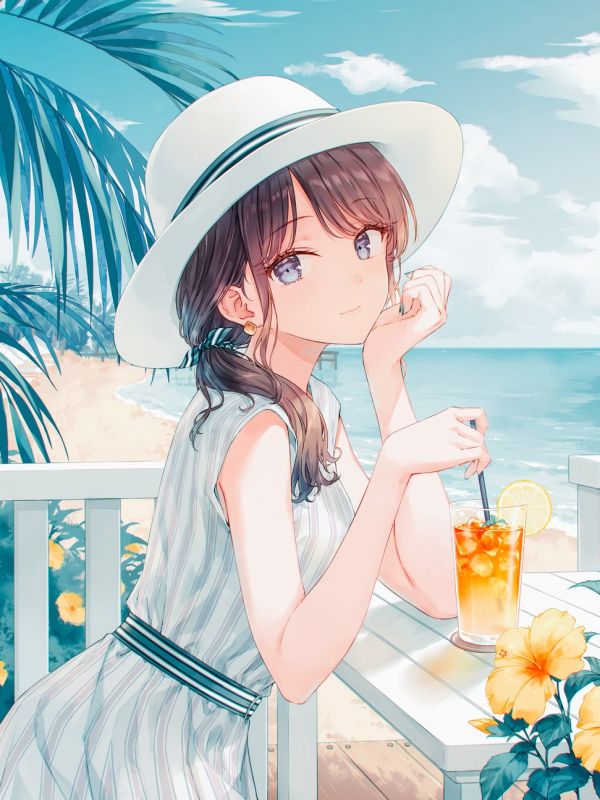 animemeisjes,kijken naar kijker,witte jurk,brunette,sun dress,closed mouth