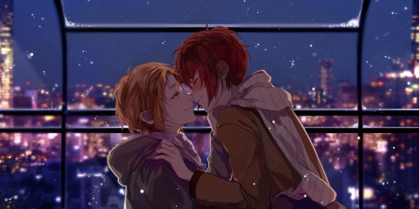 Ensemble Stars,night,high view,scarf,city,lights