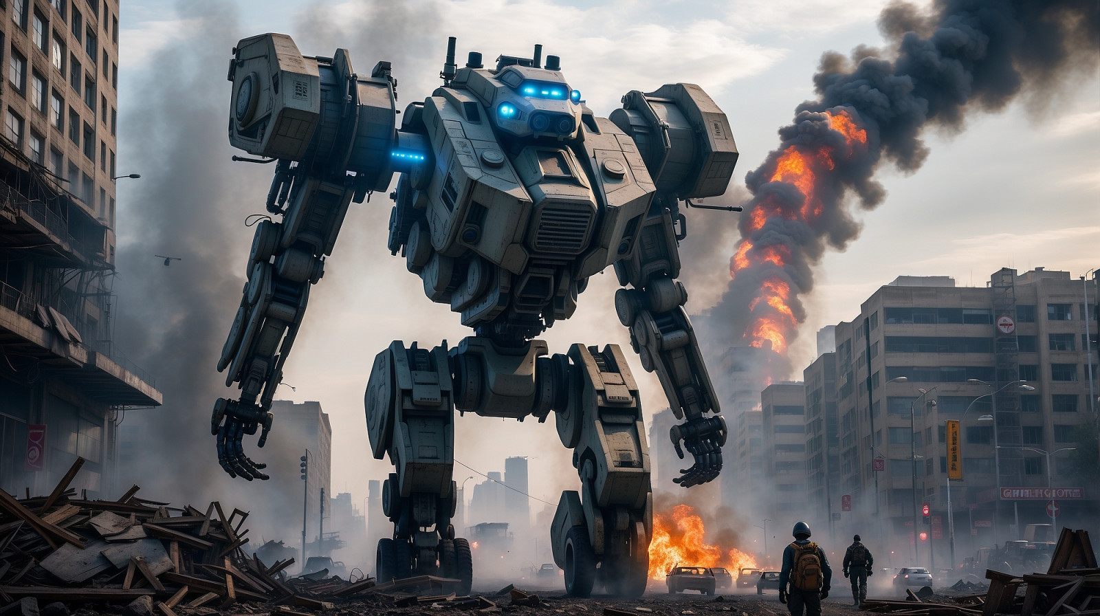 robot, destrucción, máquina, ciencia ficción, Technomancer, futurista, tecnología, 4k, CGI, Obra de arte, ai art, cielo, fumar, edificio, fuego, explosión, arte digital