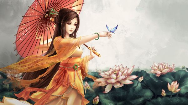 ilustrare, anime, fete anime, asiatic, umbrelă, fluture