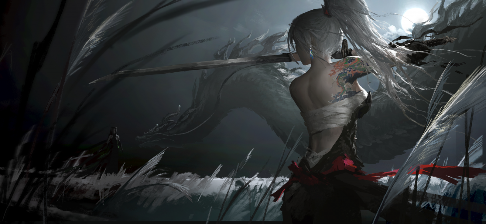 anime, Pixiv, dark, Leo dont want to be a painter, chinese dragon, Sarashi, anime girls, long hair, women with swords, katana, sword, creature, tattoo, earring, white hair, dragon, sideboob, ponytail, fighting stance, back