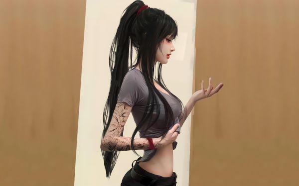 hand gesture,long hair,3D,CGI,fantasy girl,tattoo