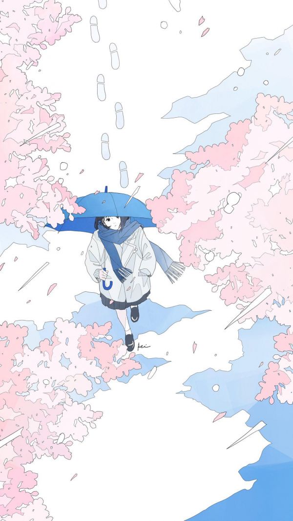 アニメの女の子,傘,白色の背景,桜,パステル,スカーフ