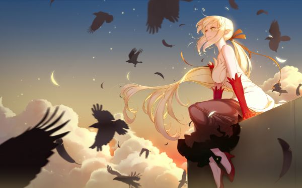 Monogatari Σειρά,ξανθιά,Oshino Shinobu,συνεδρίαση,κορίτσια anime,μακριά μαλλιά