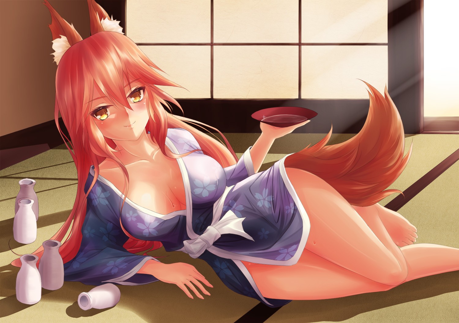 illustratie, lang haar, anime, animemeisjes, dierlijke oren, staart, vos meisje, spotprent, drinken, decollete, kitsunemimi, Fate Grote Bestel, Fate Series, kimono, Fate Extra, Caster Fate Extra, sake, mangaka