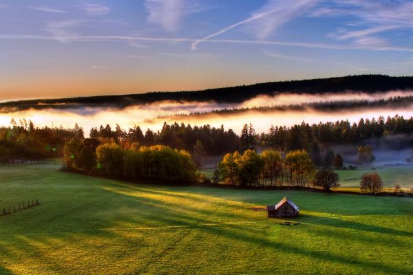 grønn, høyde, lodge, ensom, felt, åpne plasser